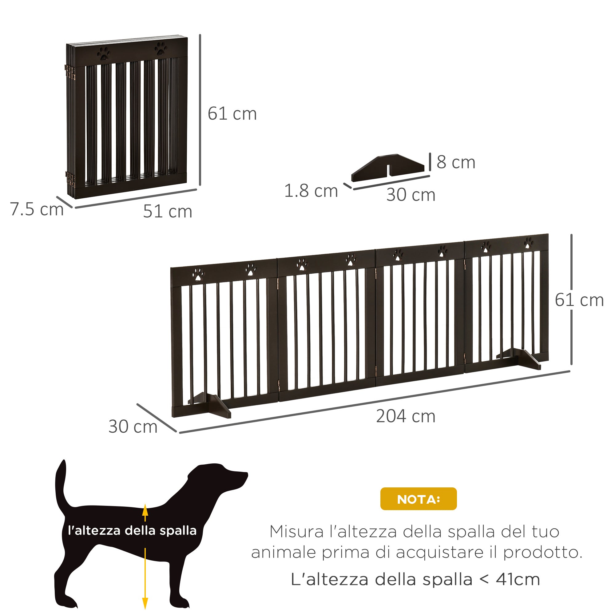 PAWHUT Dog gate small folding size, pine wood, 204x30x61 cm, brown - Borgè