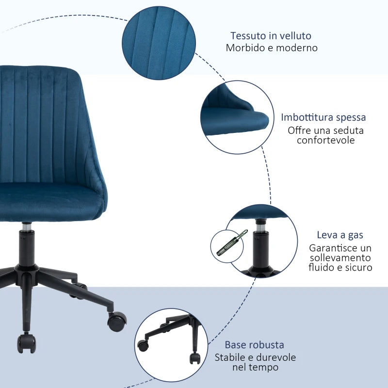 Blue Velvet Office Chair with Adjustable Height, Ergonomic 360° Swivel Chair with Wheels, 50x58x77-87cm