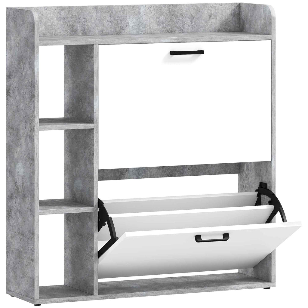 HOMCOM Slim Shoe Rack with 2 Tilting Drawers and 3 Open Compartments, Capacity 15 Shoes, 83x24x90.5 cm, Grey