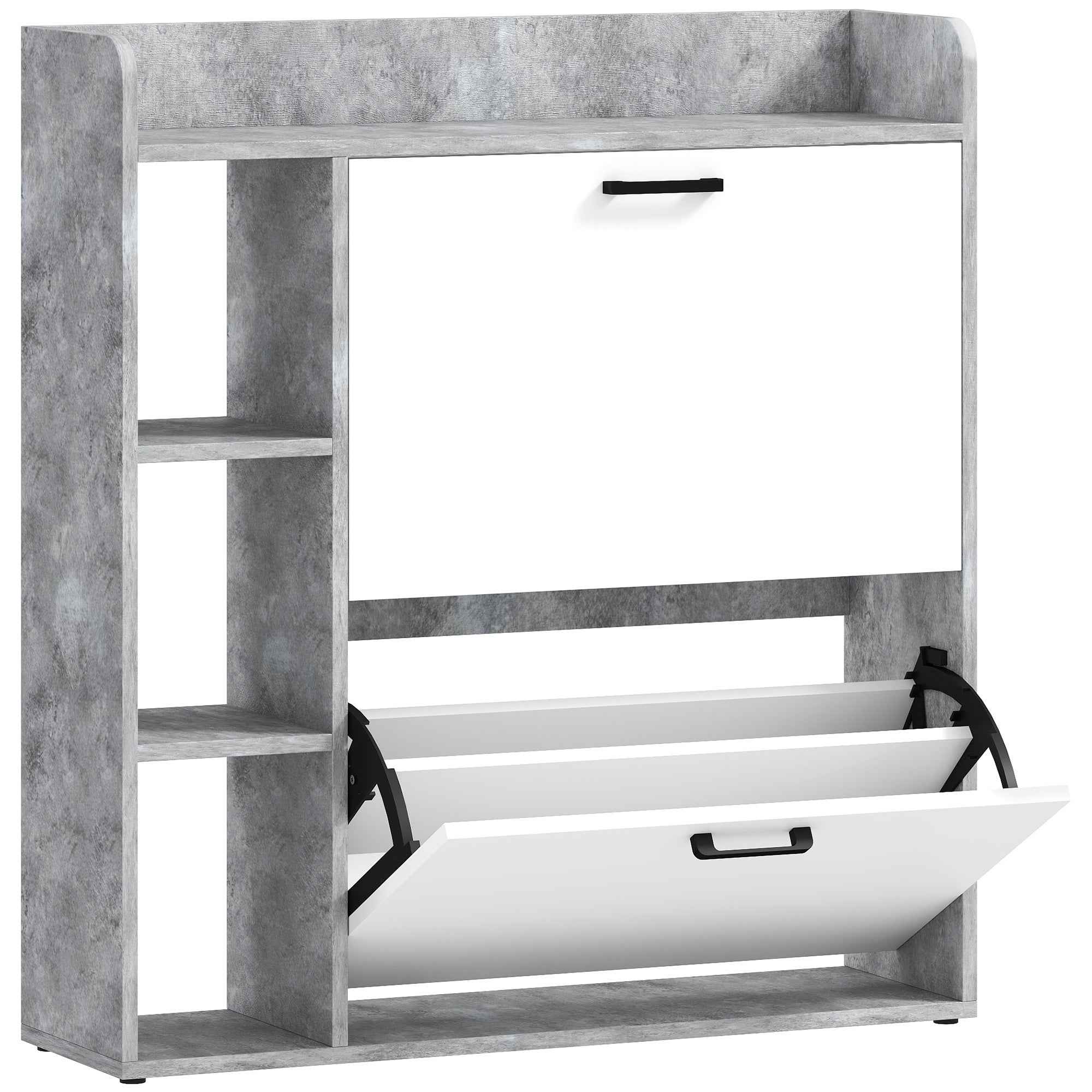 HOMCOM Slim Shoe Rack with 2 Tilting Drawers and 3 Open Compartments, Capacity 15 Shoes, 83x24x90.5 cm, Grey