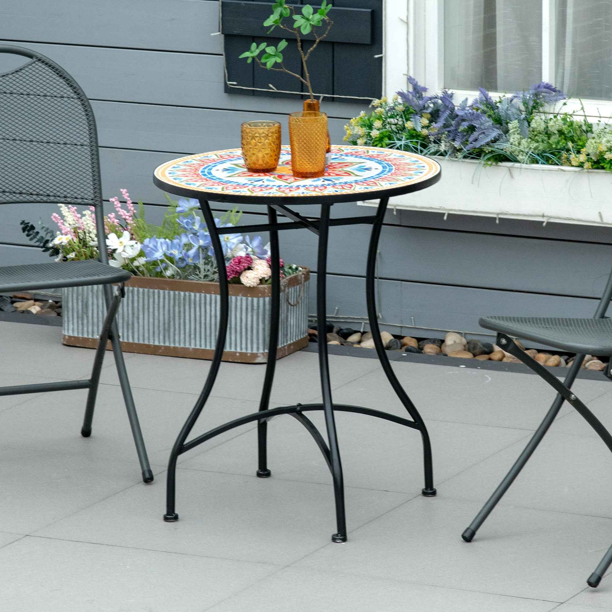 Round Garden Table Ø60cm in Metal and Mosaic, Outdoor and Indoor Furniture, Red