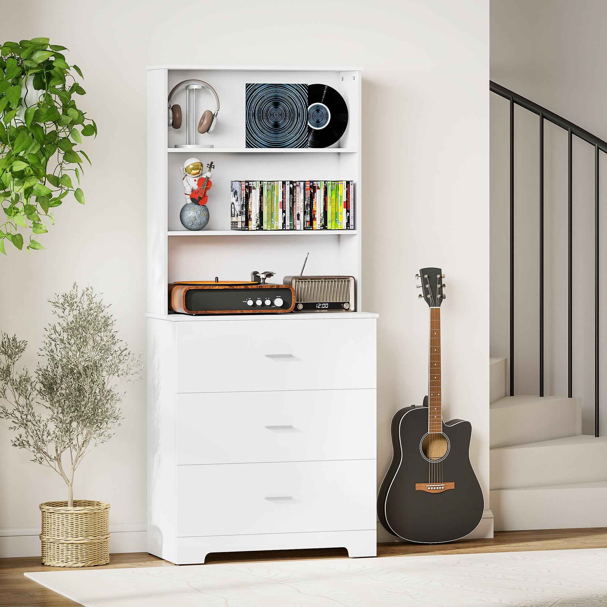 HOMCOM Wall-Mounted Bookcase with 3 Open Shelves and 3 Drawers, Wooden, 79x39.5x182.2 cm, White