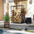 Outdoor and Indoor Firewood Rack with Wheels, Steel Firewood Shed with 0.43m³ Capacity, 120x32x151cm, Black