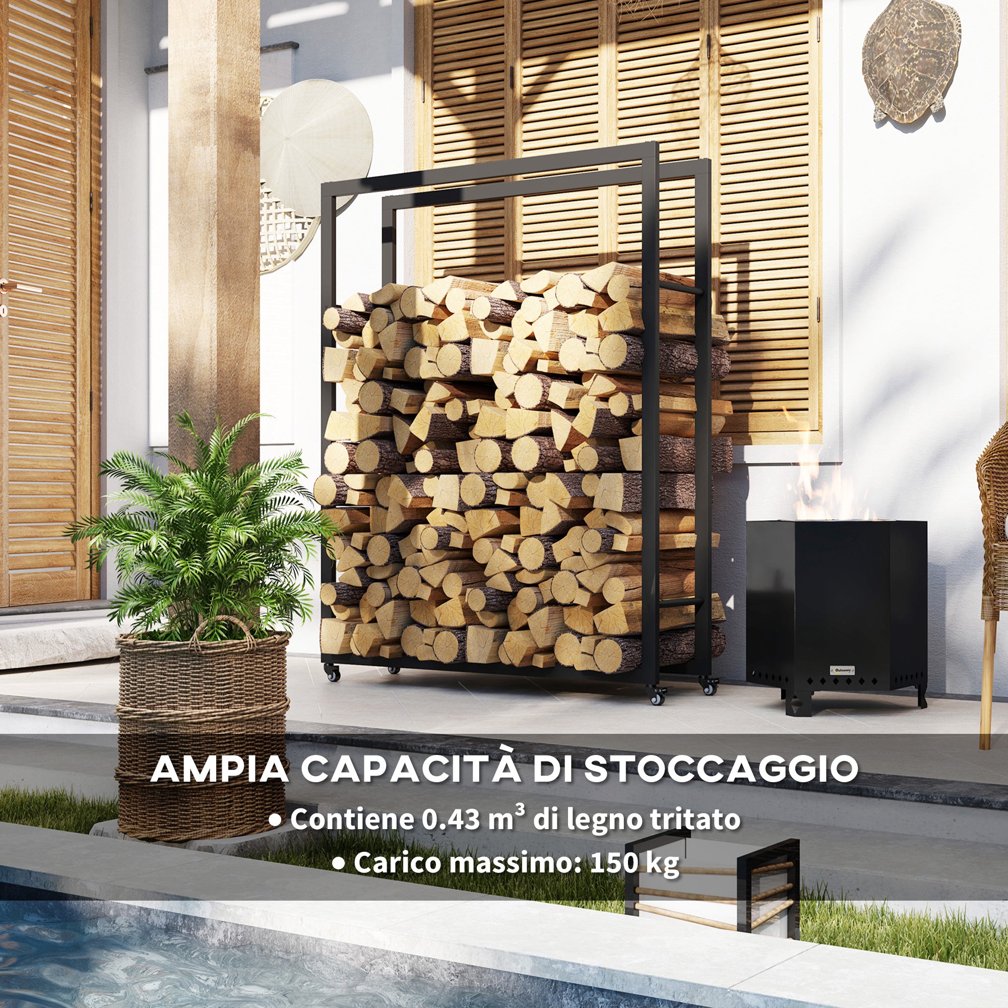 Outdoor and Indoor Firewood Rack with Wheels, Steel Firewood Shed with 0.43m³ Capacity, 120x32x151cm, Black