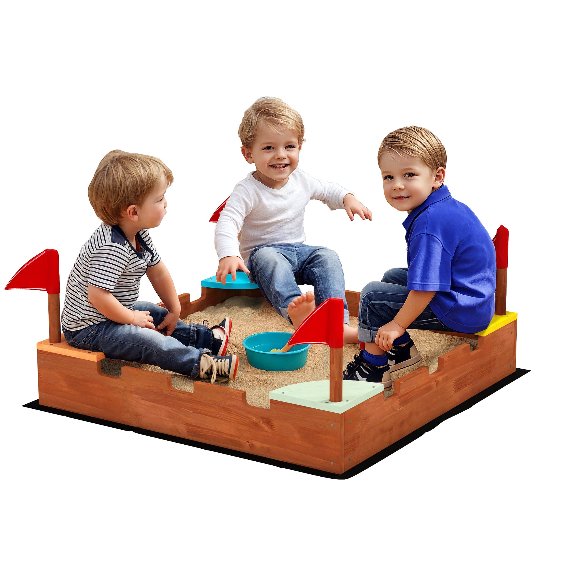 Sandpit for Children 3-7 Years in the Shape of a Castle with 4 Seats in Fir Wood, 90x90x17 cm, Multicolor