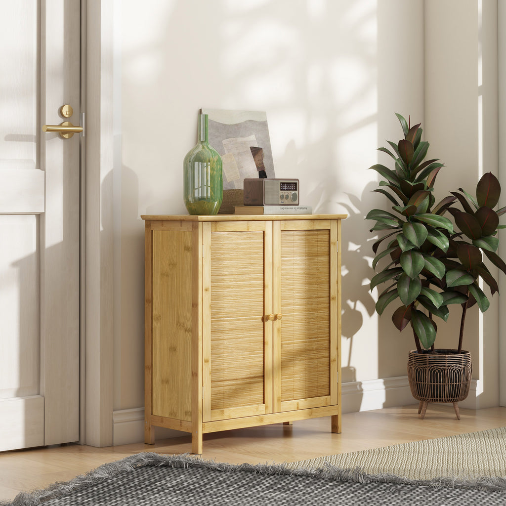 Boho Style Sideboard in Rattan and Bamboo with 2 Doors and Internal Shelf, 60x27x67.5cm, Wood Color