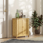 Boho Style Sideboard in Rattan and Bamboo with 2 Doors and Internal Shelf, 60x27x67.5cm, Wood Color