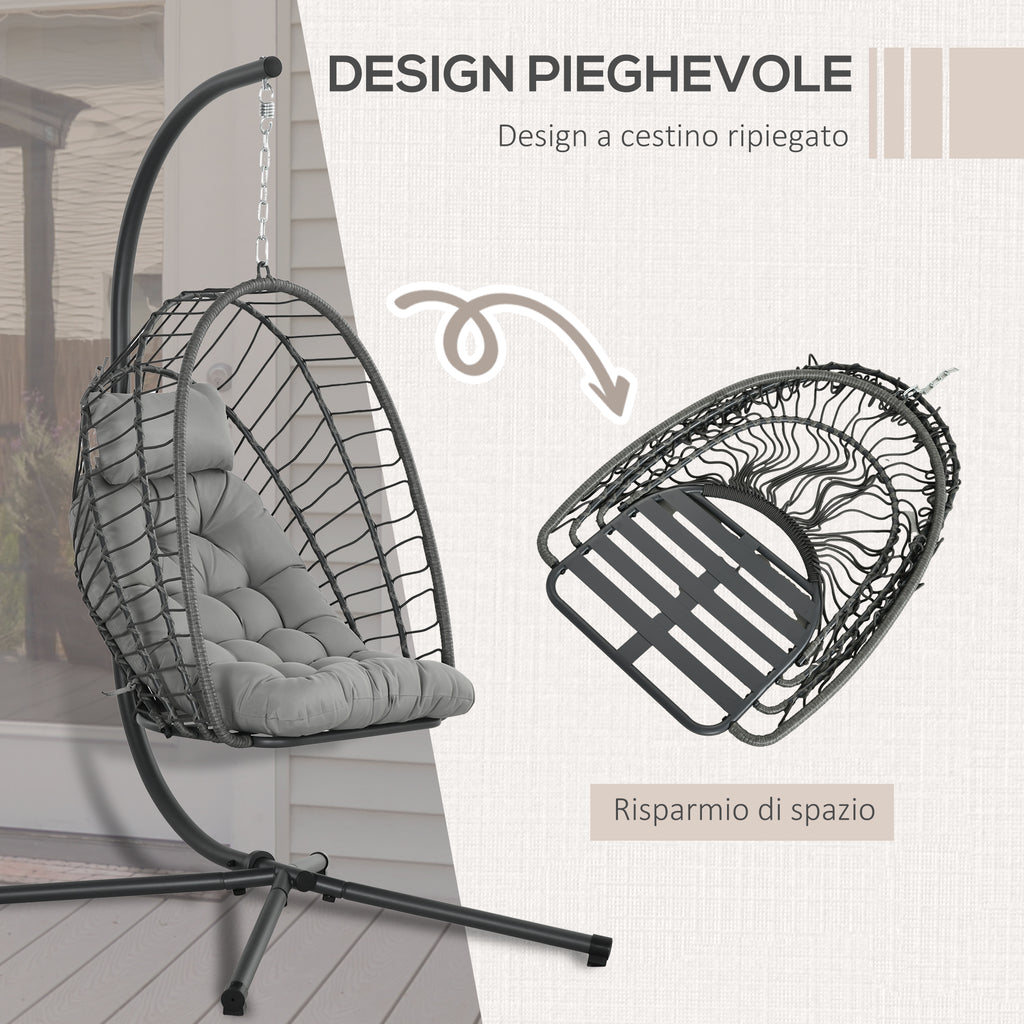 Hanging Armchair in PE Rattan with Cushion, Folding Seat and Steel Structure, Grey - Borgè