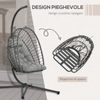 Hanging Armchair in PE Rattan with Cushion, Folding Seat and Steel Structure, Grey - Borgè