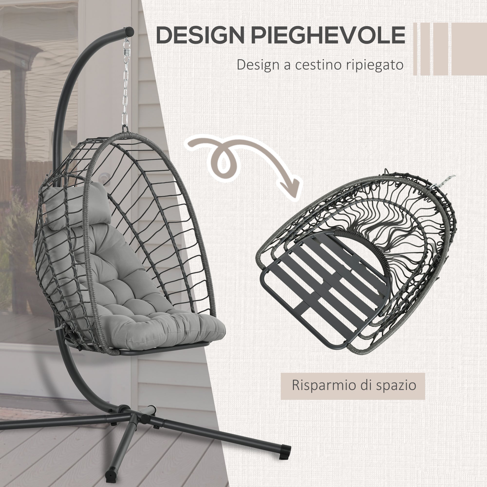 Hanging Armchair in PE Rattan with Cushion, Folding Seat and Steel Structure, Grey - Borgè