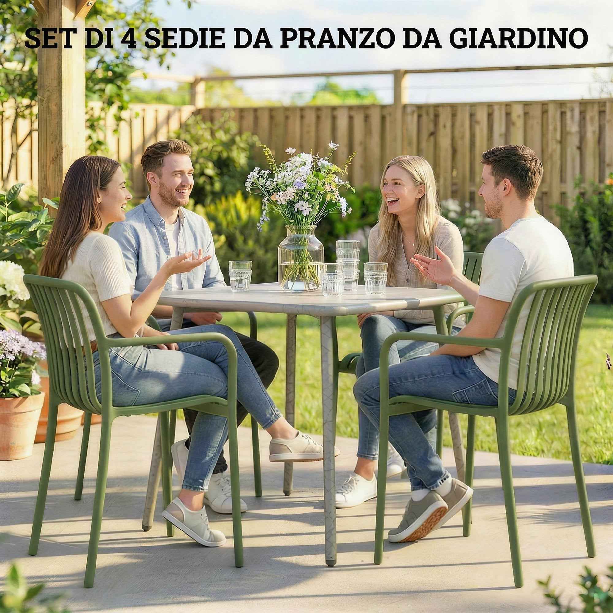 Outsunny Set of 4 Stackable Patio Chairs, Outdoor Dining Chairs with Curved Backrest, Slatted Seat and Armrests
