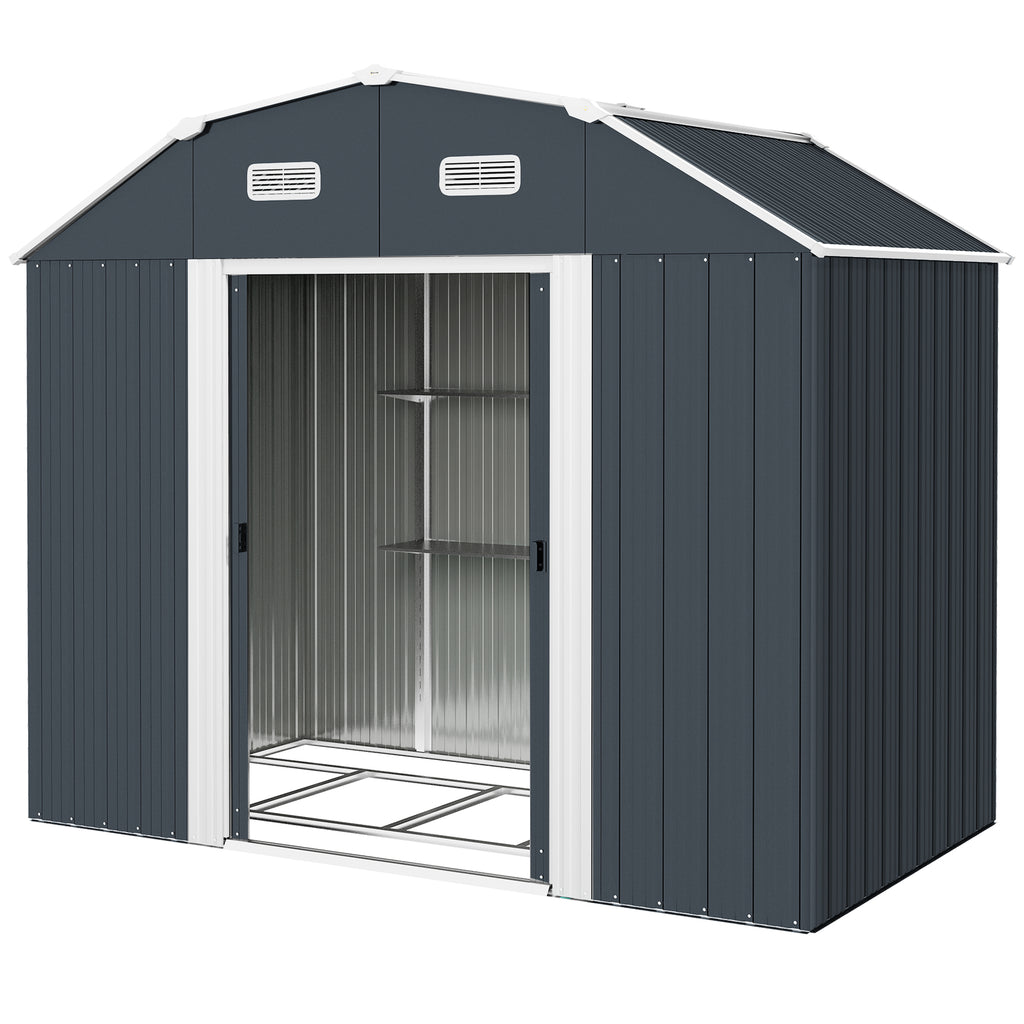 Outsunny Tool Shed with Adjustable Shelves and 2 Windows, in Galvanized Steel, 238x132x198.5 cm, Dark Gray - Borgè