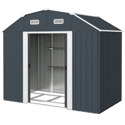 Outsunny Tool Shed with Adjustable Shelves and 2 Windows, in Galvanized Steel, 238x132x198.5 cm, Dark Gray - Borgè