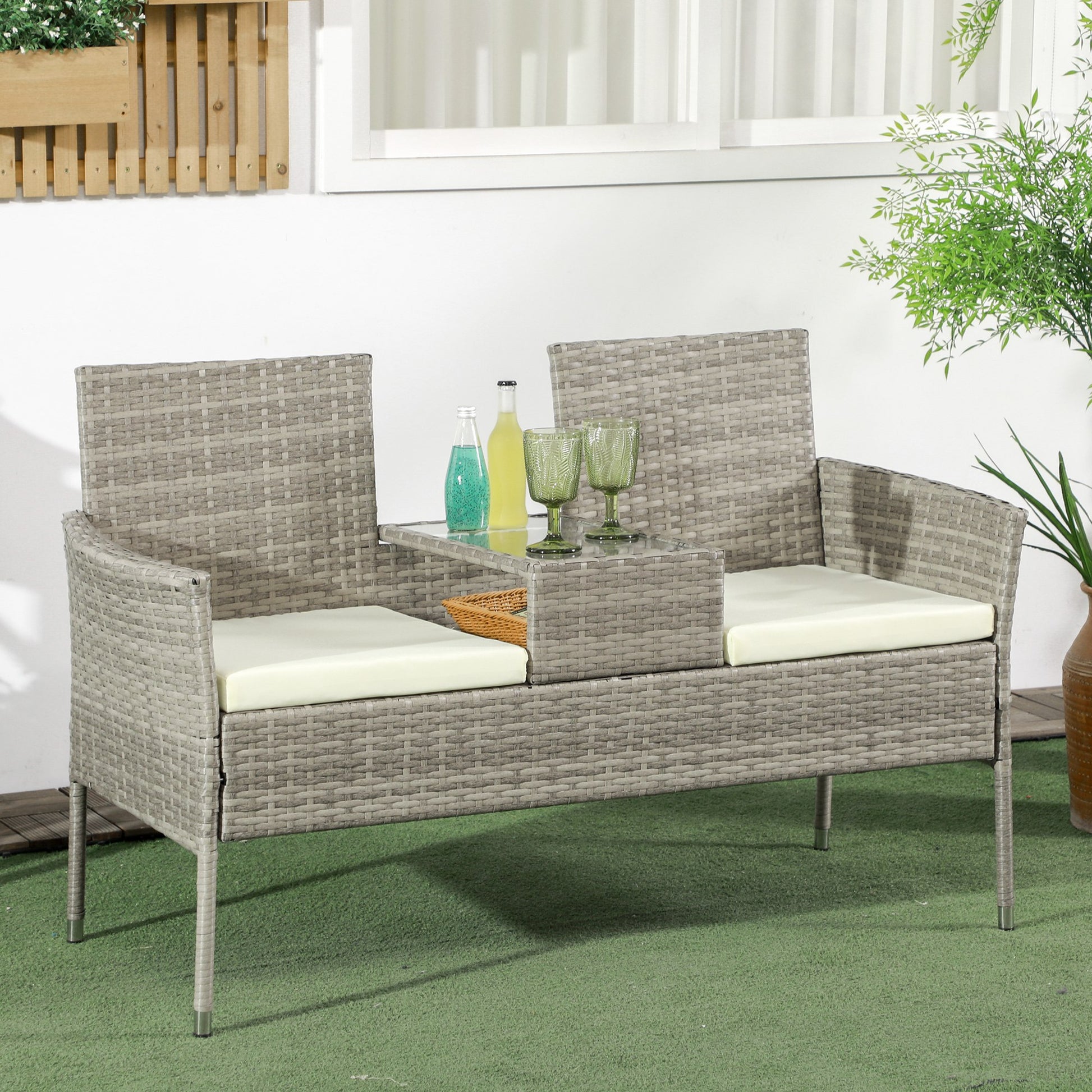 2-Seater Outdoor Sofa with Coffee Table, in Steel and PE Rattan, 137x59x82 cm, Gray and Cream - Borgè