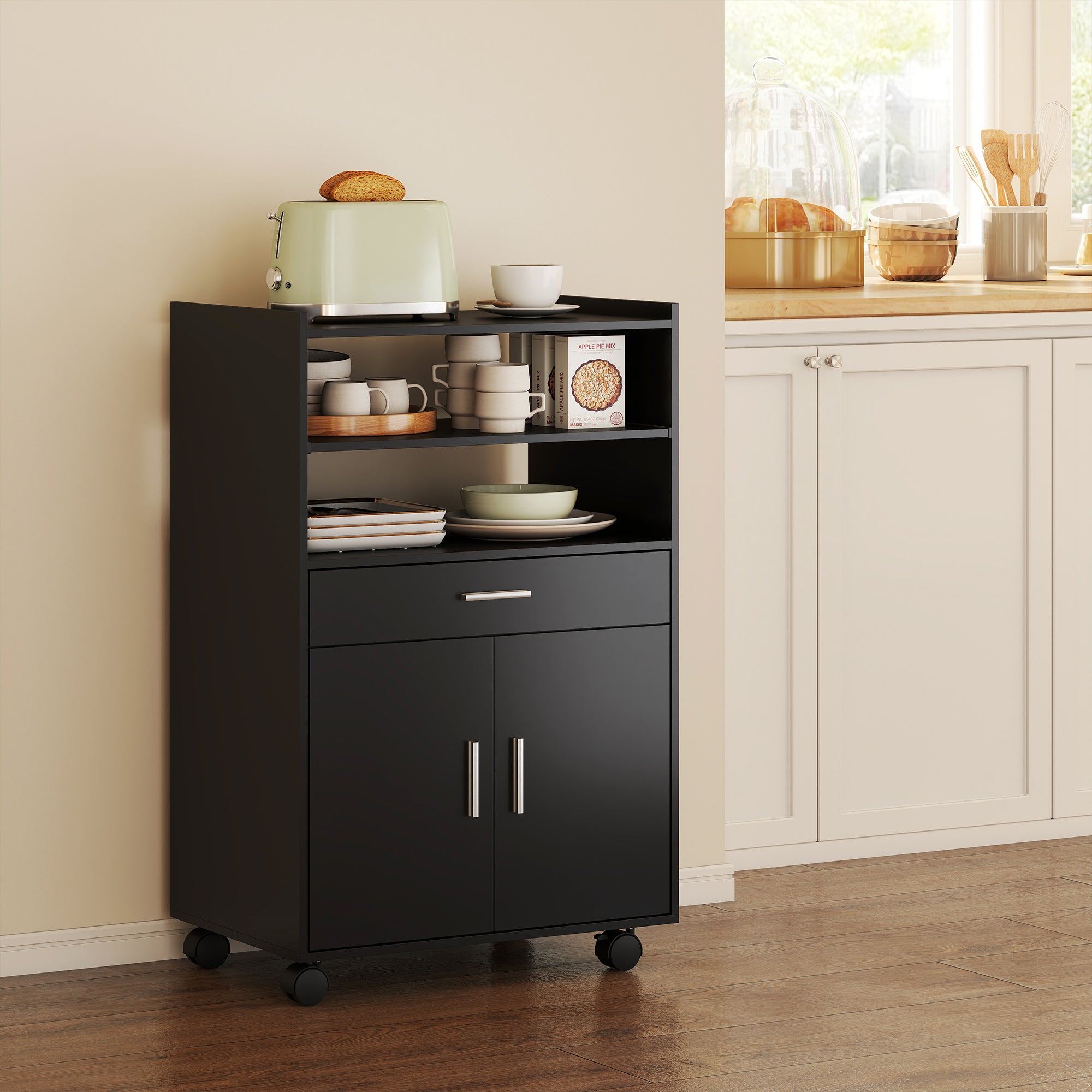 Wooden Microwave Cabinet with Drawer, 2-Door Cabinet and 2 Shelves, 59x40x92 cm, Black