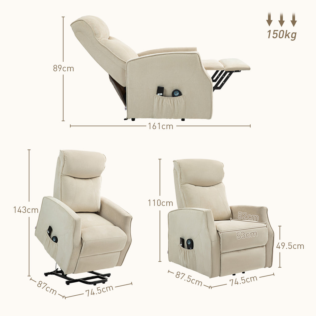 Lift Relax Chair with 8 Massage Points, 135° Reclining and 2 Remote Controls, Cream