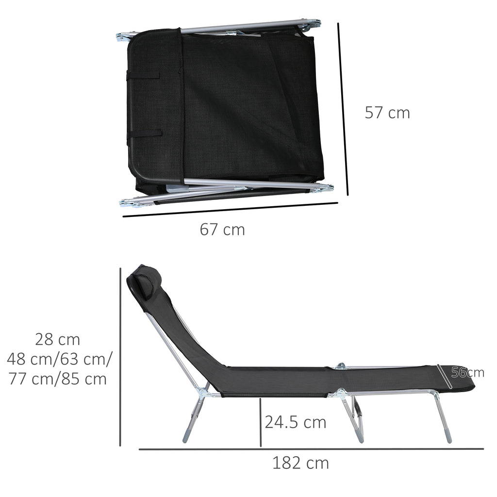 Outsunny Folding Garden Lounger with Reclining Backrest and Cushion, in Metal and Texteline, 182x56x28 cm, Black