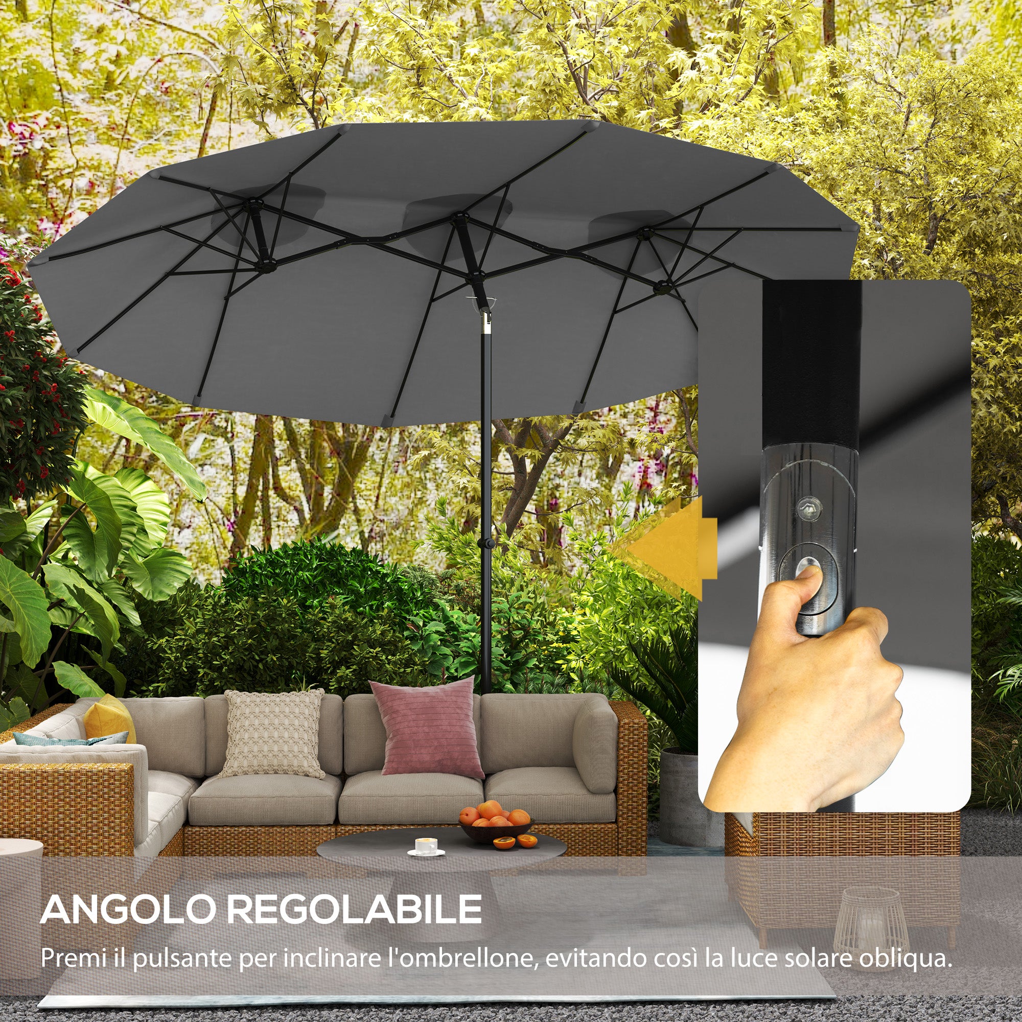 Double Umbrella Tiltable at 45° with Crank and Air Vents, in Steel and Polyester, 285x147x227 cm, Gray