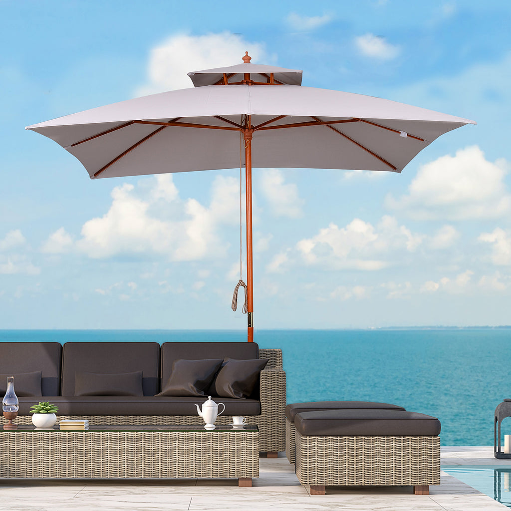 Garden Umbrella 3x3m with 8 Bamboo Ribs and 2-Tier Parasol Cover, Gray
