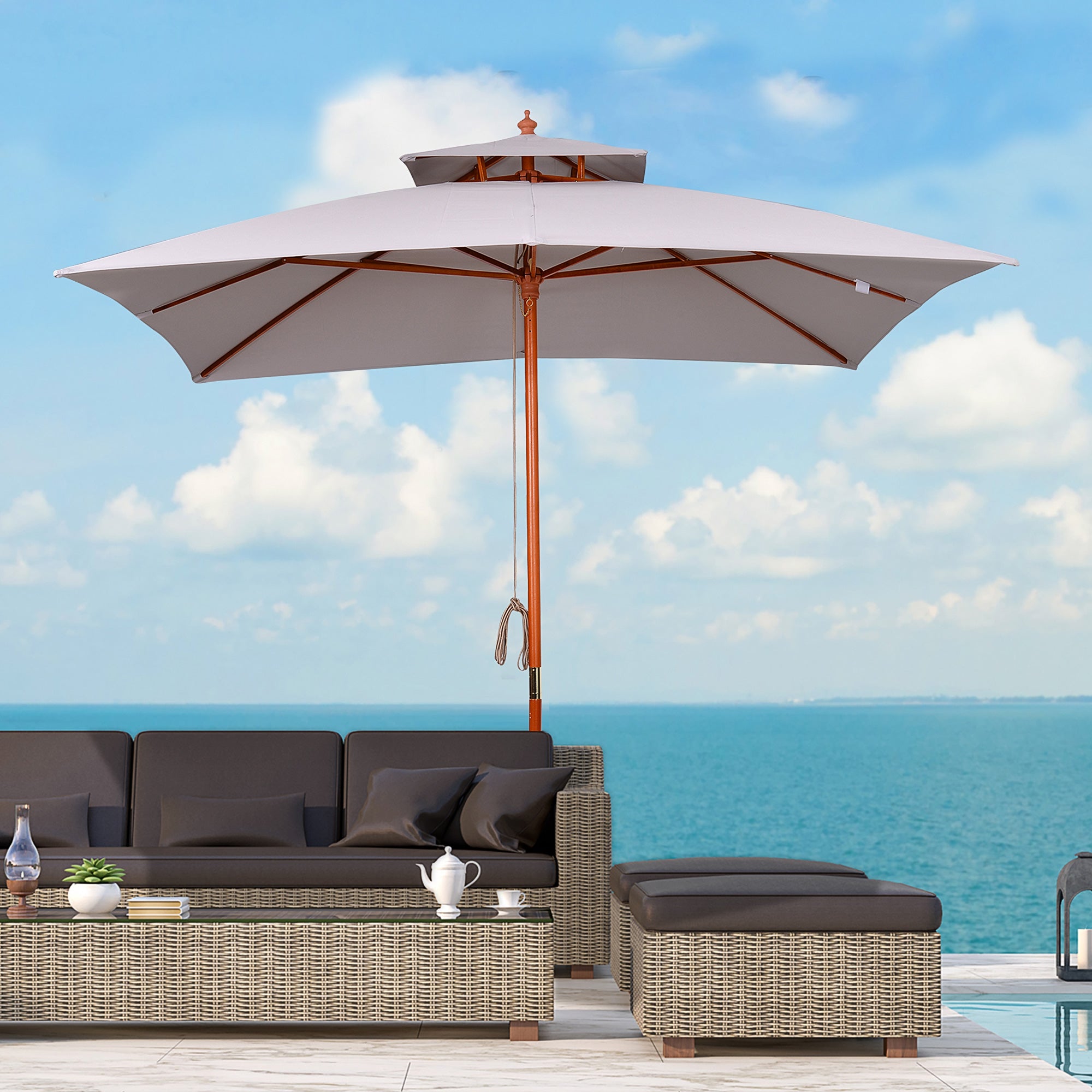 Garden Umbrella 3x3m with 8 Bamboo Ribs and 2-Tier Parasol Cover, Gray