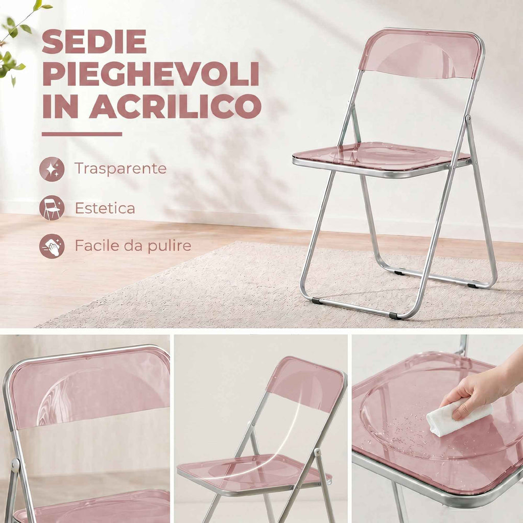 HOMCOM Set of 4 Clear Acrylic Folding Chairs, Pink
