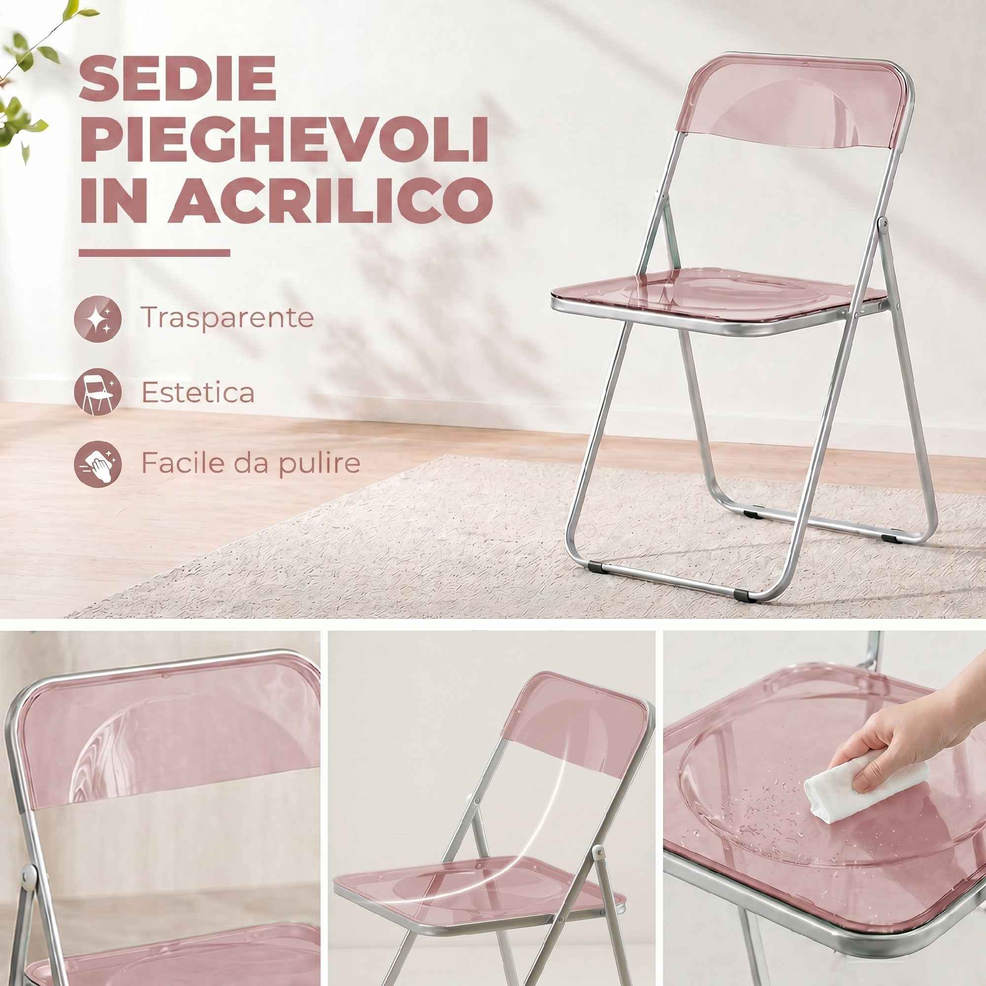 HOMCOM Set of 4 Clear Acrylic Folding Chairs, Pink