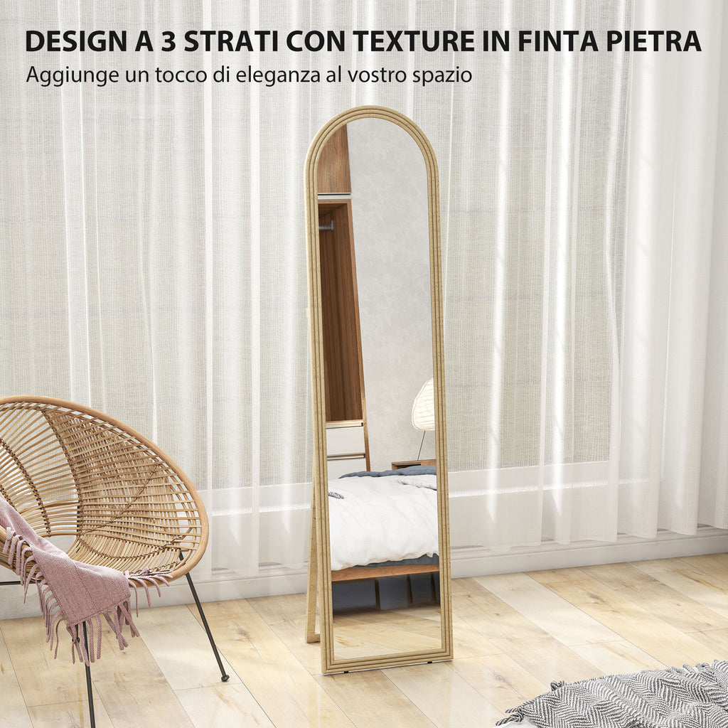 Full-Length Floor and Wall Mirror with Easel, Stone Effect and Arch Shape, 40x160 cm, Beige