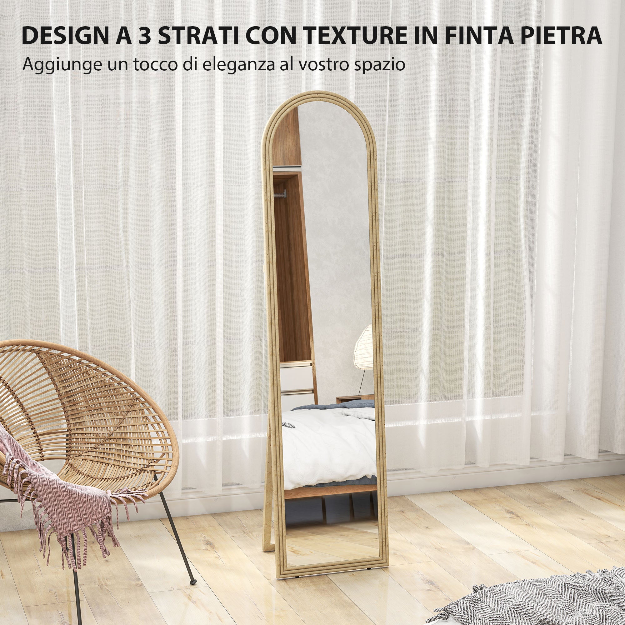 Full-Length Floor and Wall Mirror with Easel, Stone Effect and Arch Shape, 40x160 cm, Beige