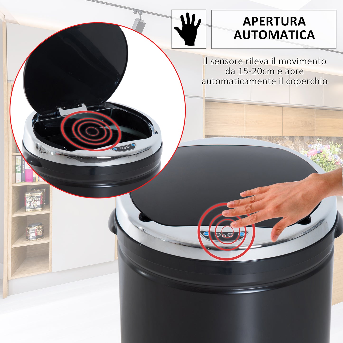 HOMCOM Automatic Dustbin with Infrared Sensor and 50L Capacity, Stainless Steel and Plastic, Black, 30.5x30.5x81.5cm - Borgè