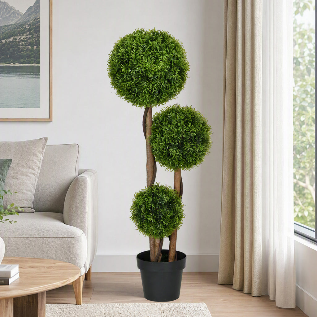 HOMCOM Artificial Boxwood Plant with 3 Balls and Bamboo Leaves, Pot Included, Height 110 cm, Green