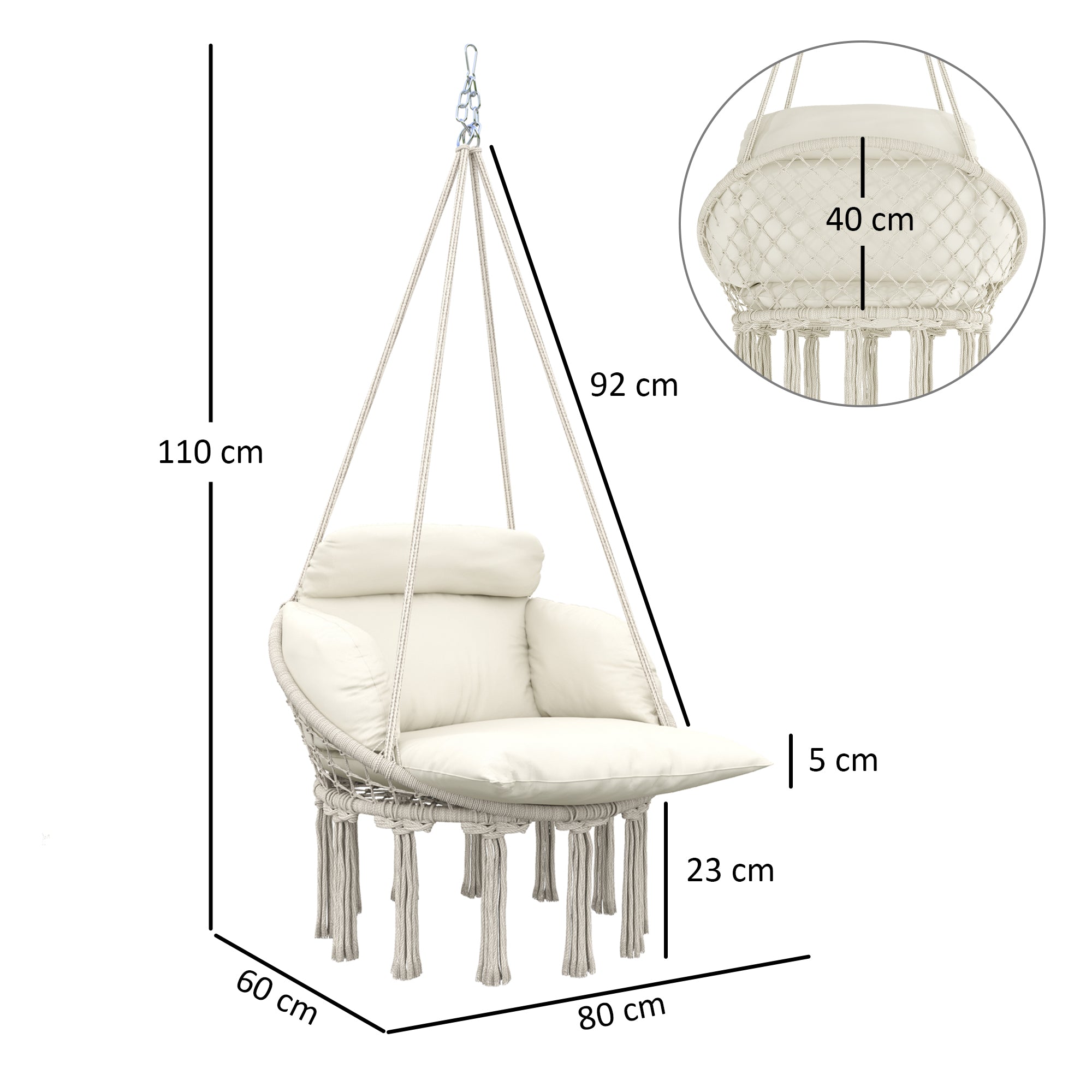 Boho Style Hanging Armchair with Cushion, in Steel, Cotton and Polyester, 80x60x40 cm, Cream White