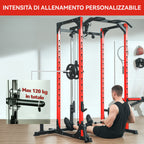 Fitness Station with Barbell Support and Pull-Up and Dip Bar, in Steel, 191x153x205 cm, Red and Black