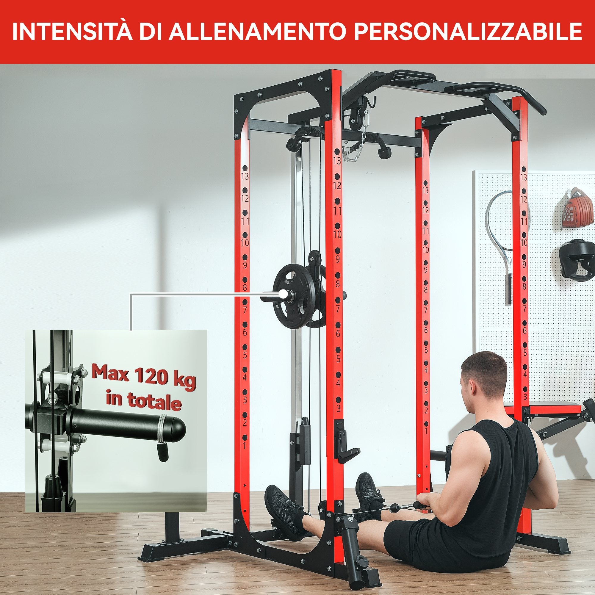 Fitness Station with Barbell Support and Pull-Up and Dip Bar, in Steel, 191x153x205 cm, Red and Black