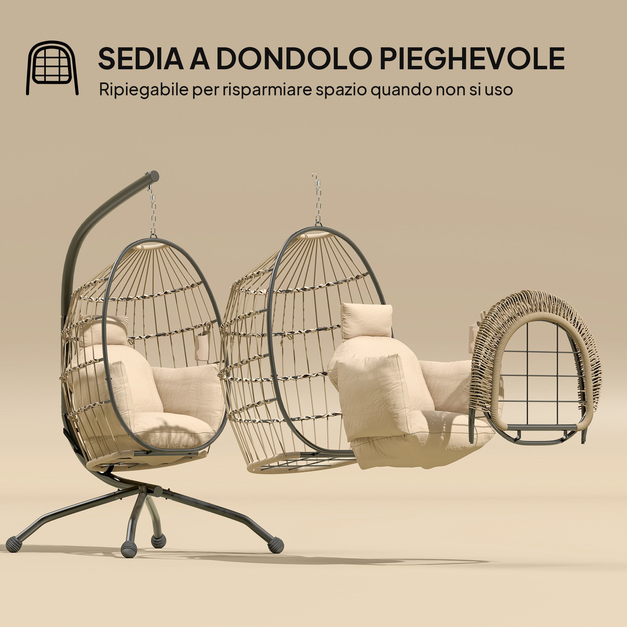 Hanging Egg Chair with Adjustable Hook, 2 Cushions and Folding Basket, 120x88x192 cm, Khaki