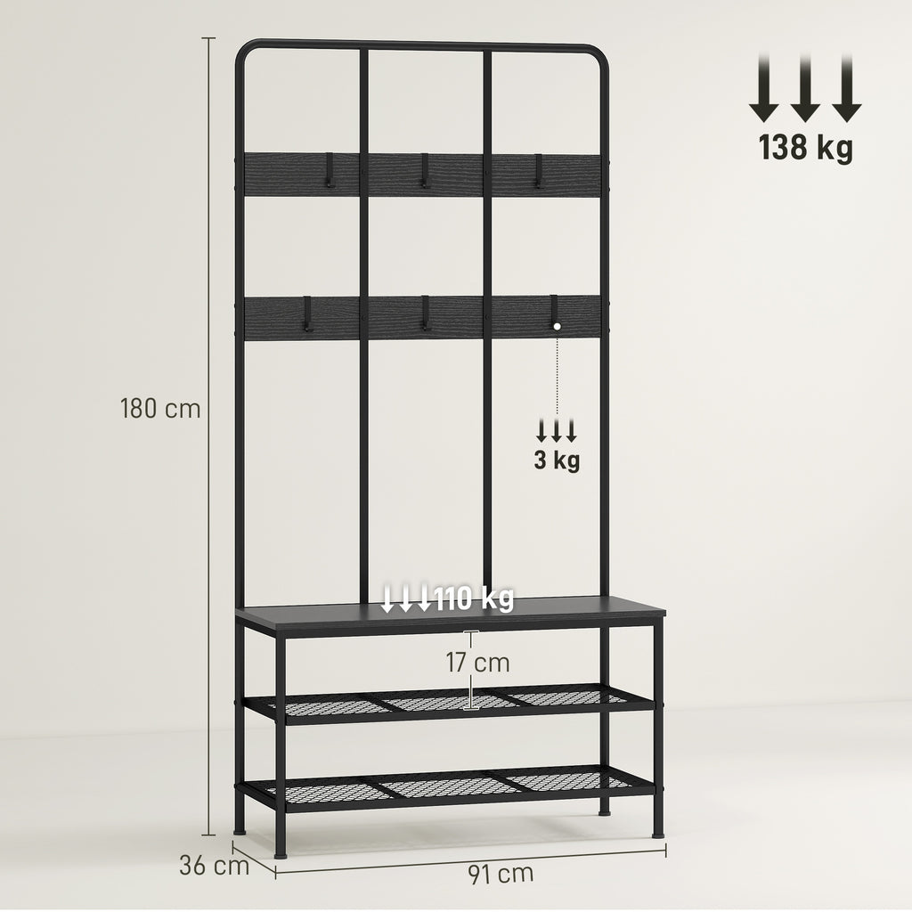 3-in-1 Hallway Coat Rack with 6 Hooks and Shoe Rack Bench, 91x36x180 cm, Black