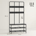 3-in-1 Hallway Coat Rack with 6 Hooks and Shoe Rack Bench, 91x36x180 cm, Black