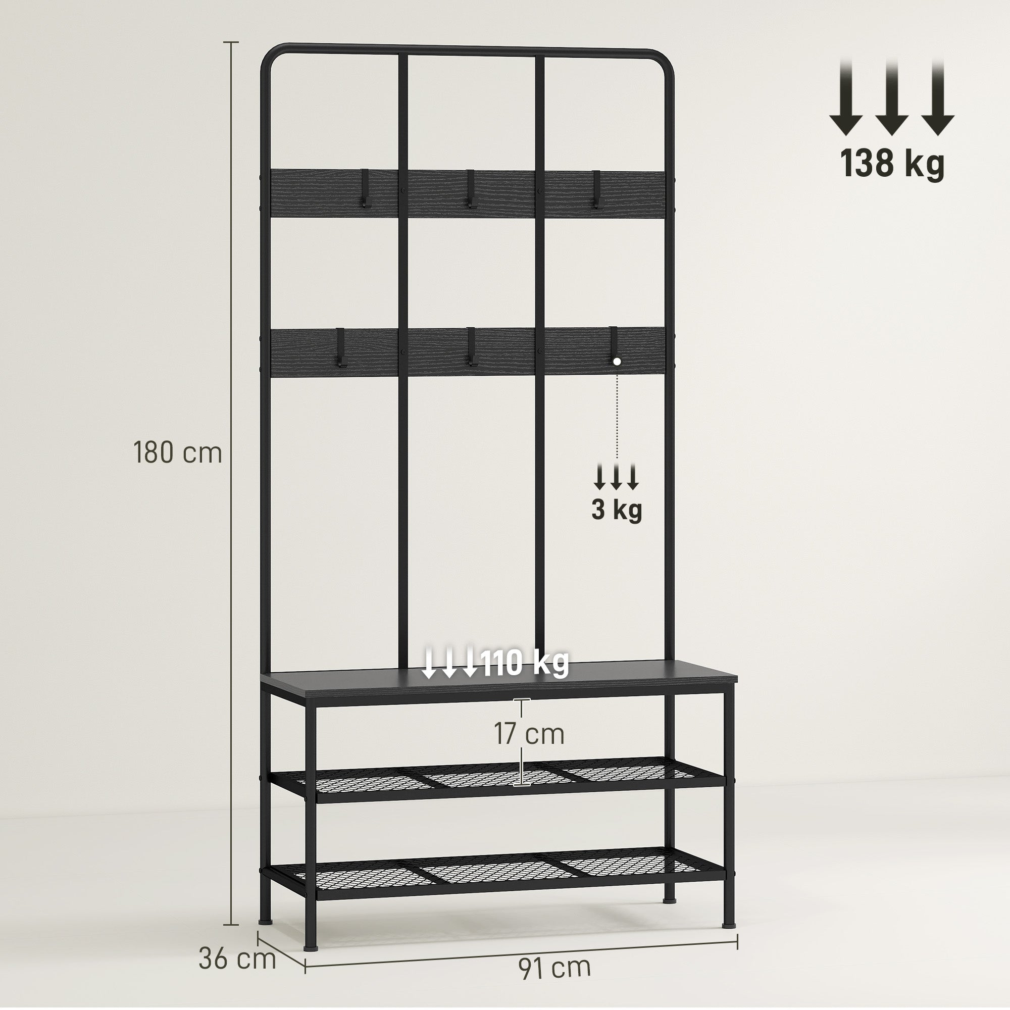 3-in-1 Hallway Coat Rack with 6 Hooks and Shoe Rack Bench, 91x36x180 cm, Black