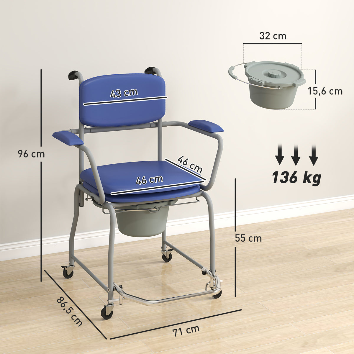 HOMCOM Shower Chair with Wheels, Comfortable Padded Wheelchair with Folding Armrests