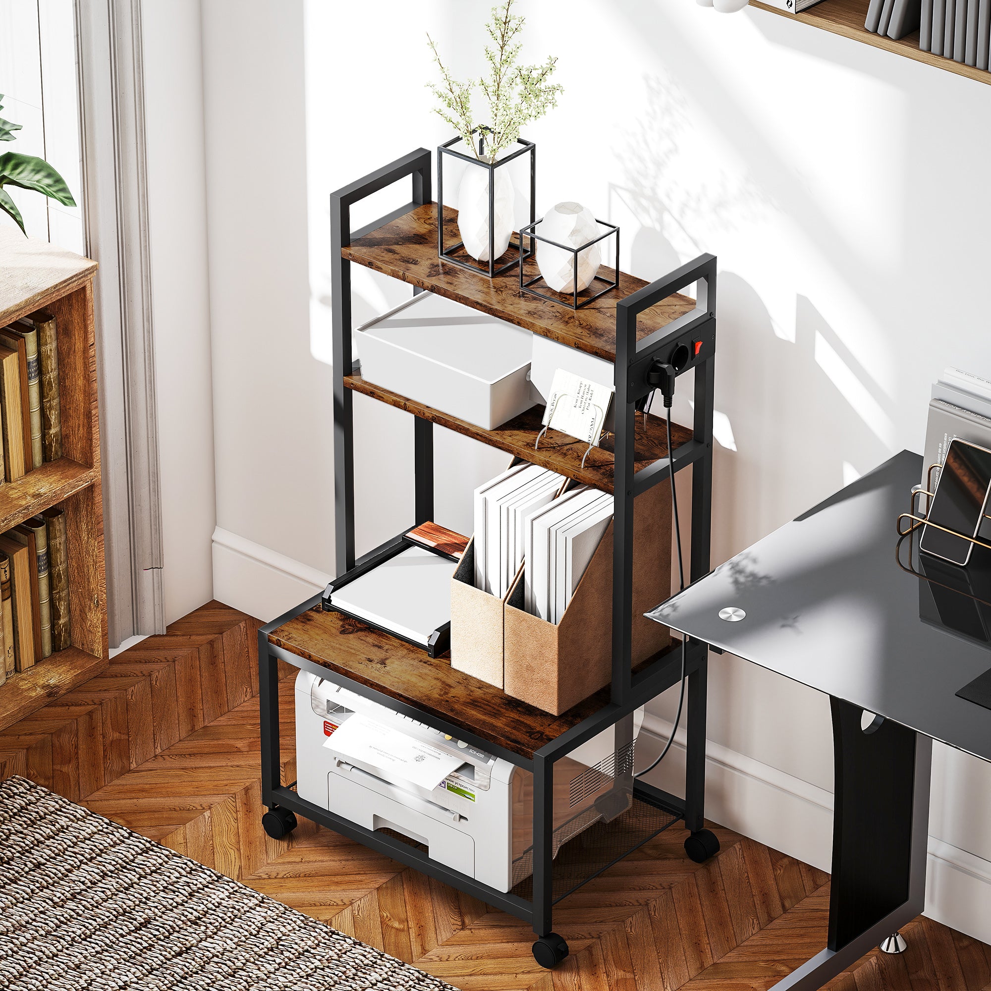 4-Tier Printer Cart with Power Outlets, Wheels and Metal Frame, 55x37.5x100 cm, Brown