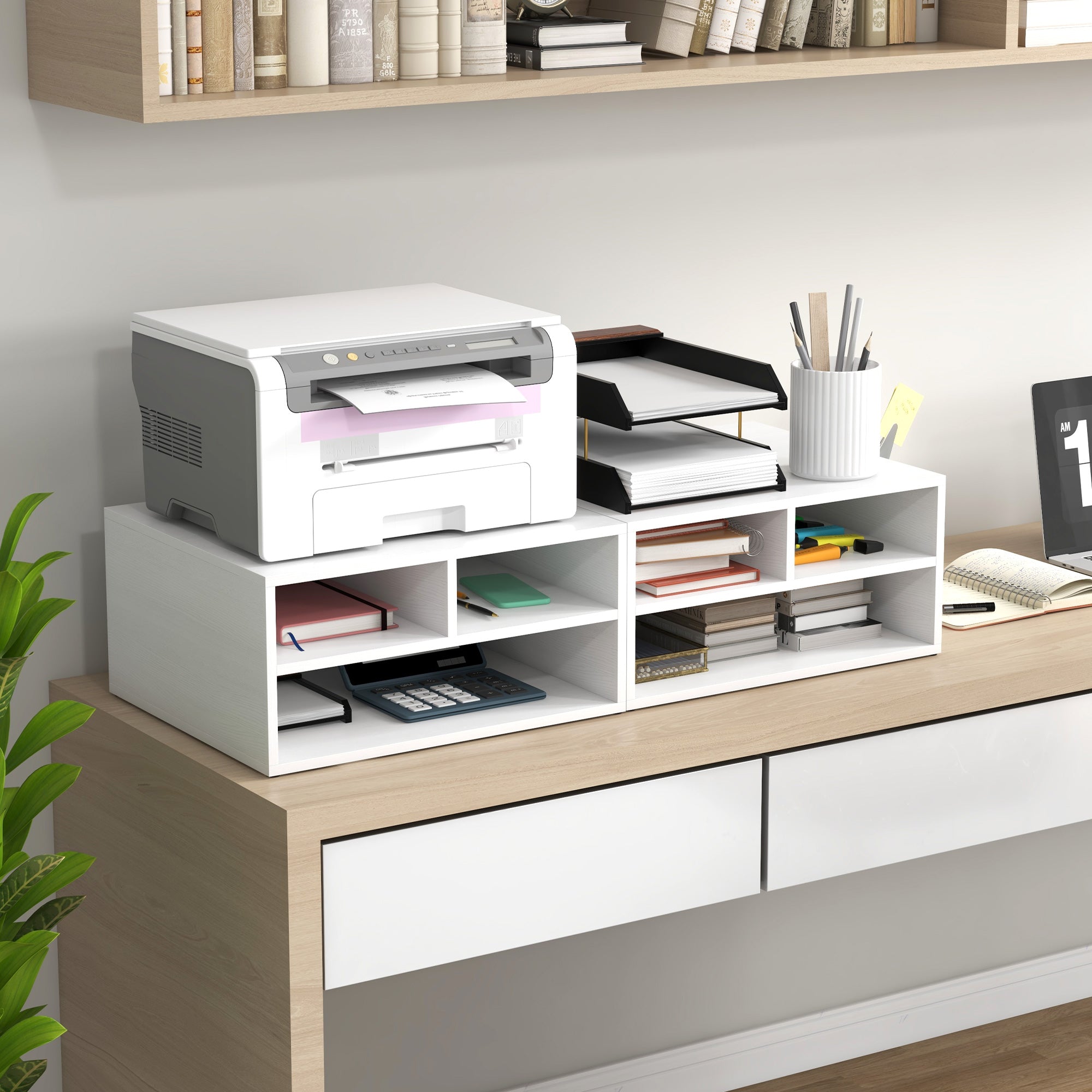 Office Printer Stand with 3 Open Shelves, 2 Levels, 47 x 40 x 22.5 cm, White