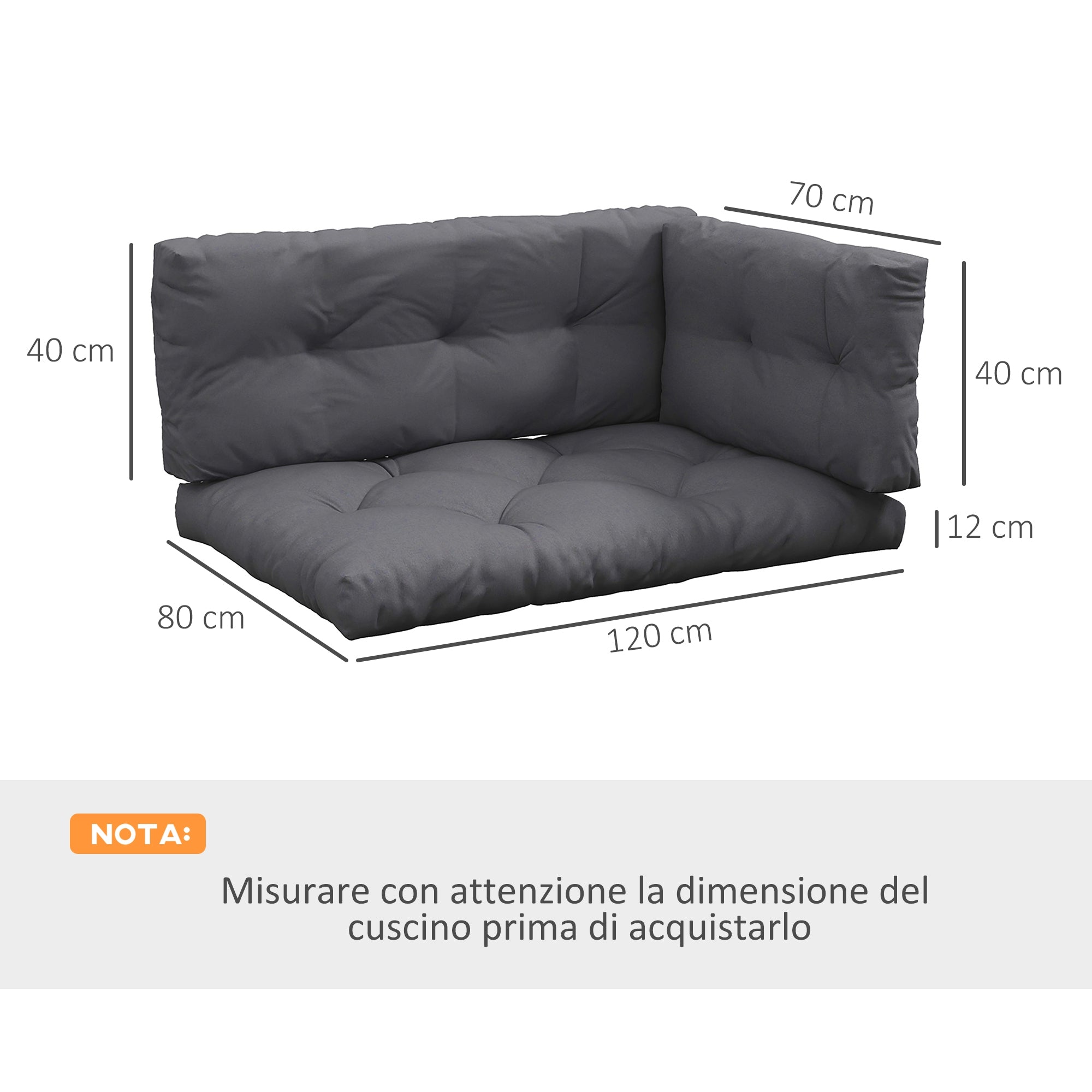 Set of 3 Garden Cushions for Sofas and Pallets in Polyester with Thick Padding, Charcoal Gray - Borgè
