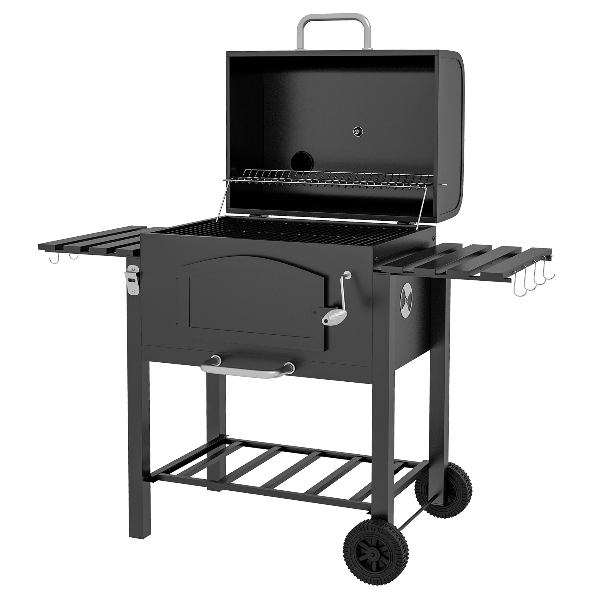 Outsunny 2-Wheel Garden Barbecue with Grill, Smoker and Stove, in Metal and Cast Iron, 124x66x112 cm, Black - Borgè