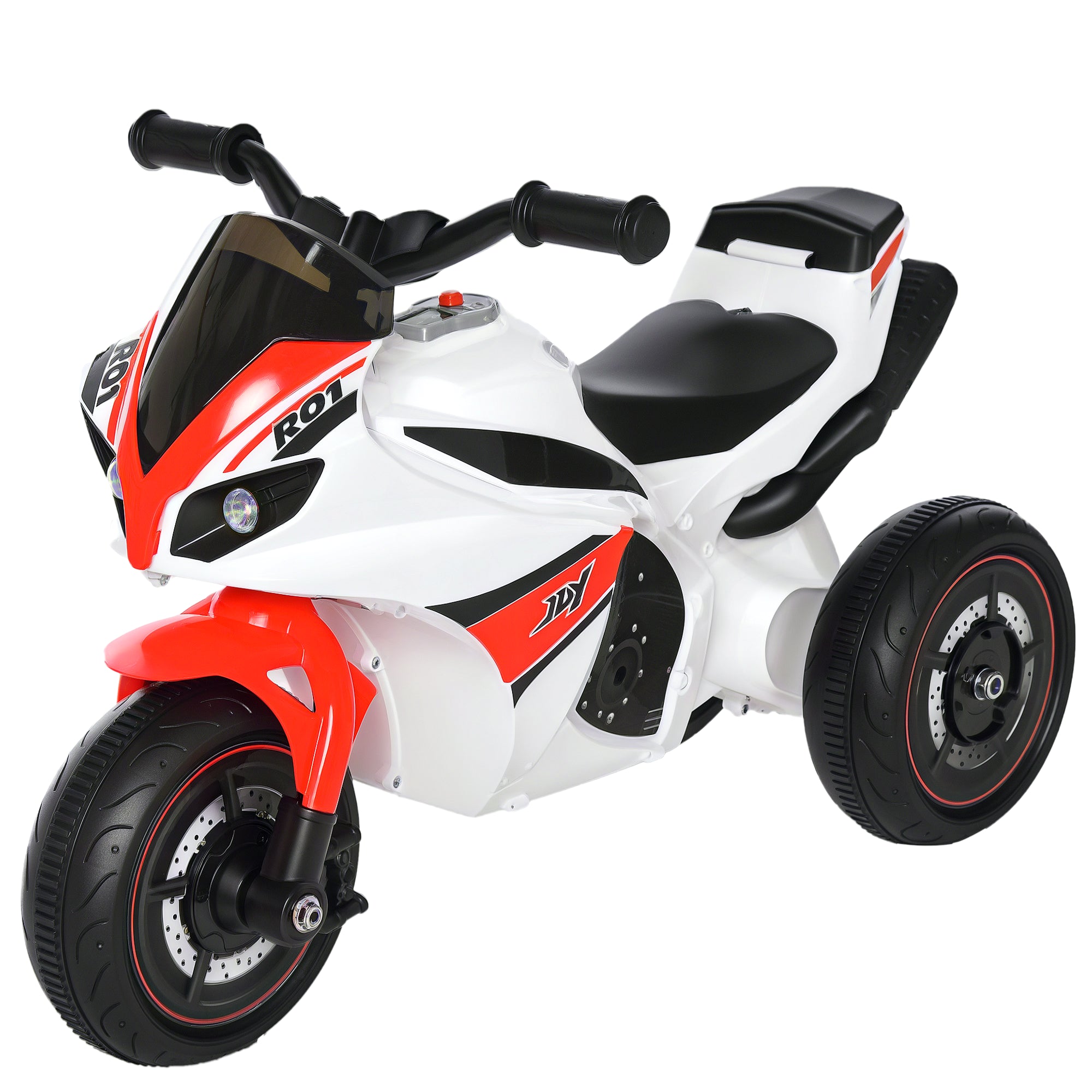 3-Wheeled Ride-On Toy Motorcycle for Kids 18-36 Months, Police Style Ride-On Motorbike with Music and Headlights, No Pedals, Made of PP and Metal, White and Red