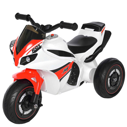 3-Wheeled Ride-On Toy Motorcycle for Kids 18-36 Months, Police Style Ride-On Motorbike with Music and Headlights, No Pedals, Made of PP and Metal, White and Red