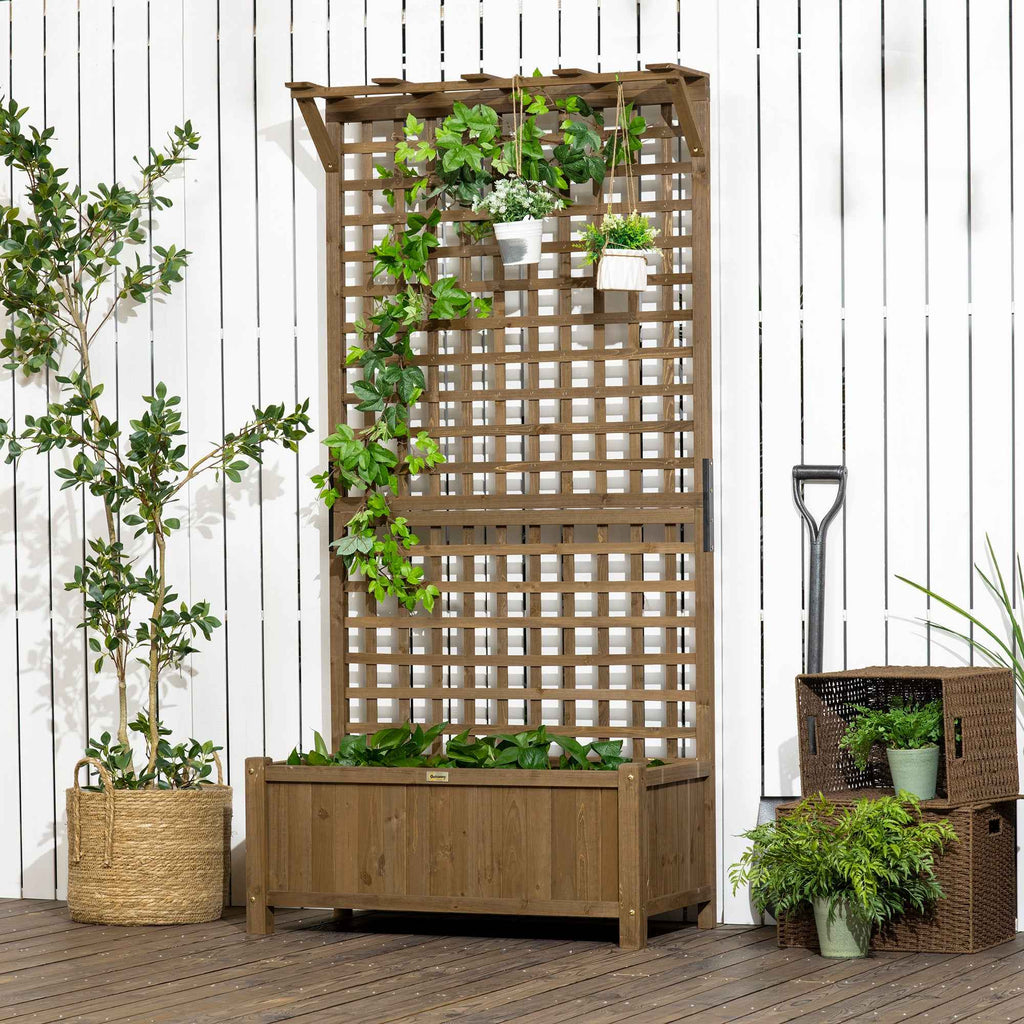 Outsunny Garden Planter with Trellis for Climbing Plants in Fir Wood, 90x45x183 cm, Brown