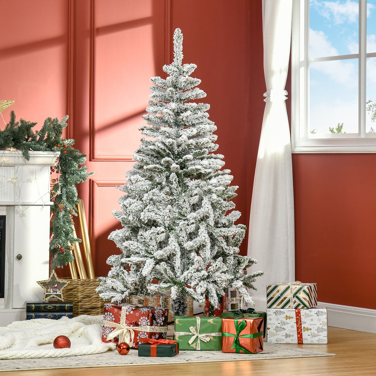 HOMCOM 150cm Tall Snow-Covered Christmas Tree with 358 Fireproof Branches and Steel Base, Green