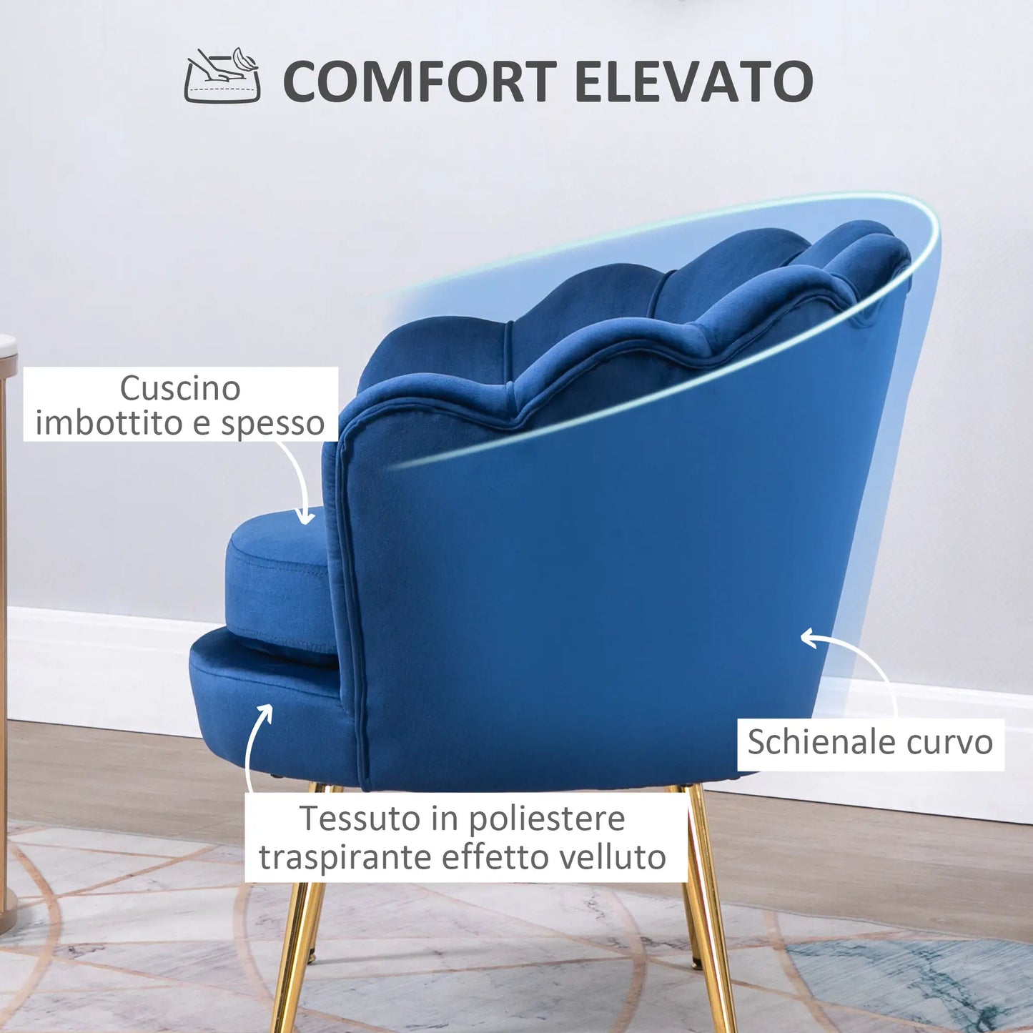 Vintage Design Blue Velvet Armchair, Bedroom Armchair with High Back 76x67x74cm, Blue