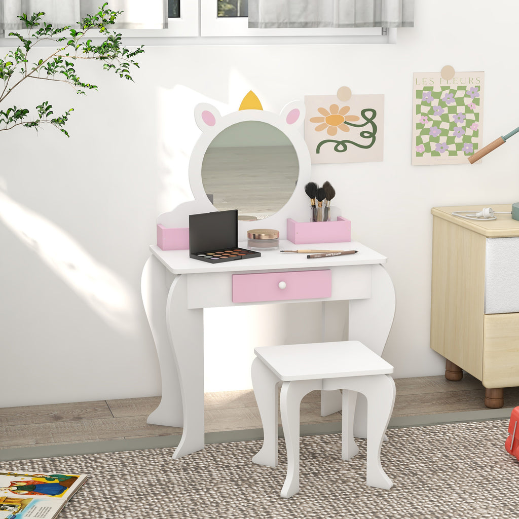 ZONEKIZ Girls' Vanity Makeup Set with Stool, Acrylic Mirror, 2 Storage Boxes, Unicorn Design, Pink