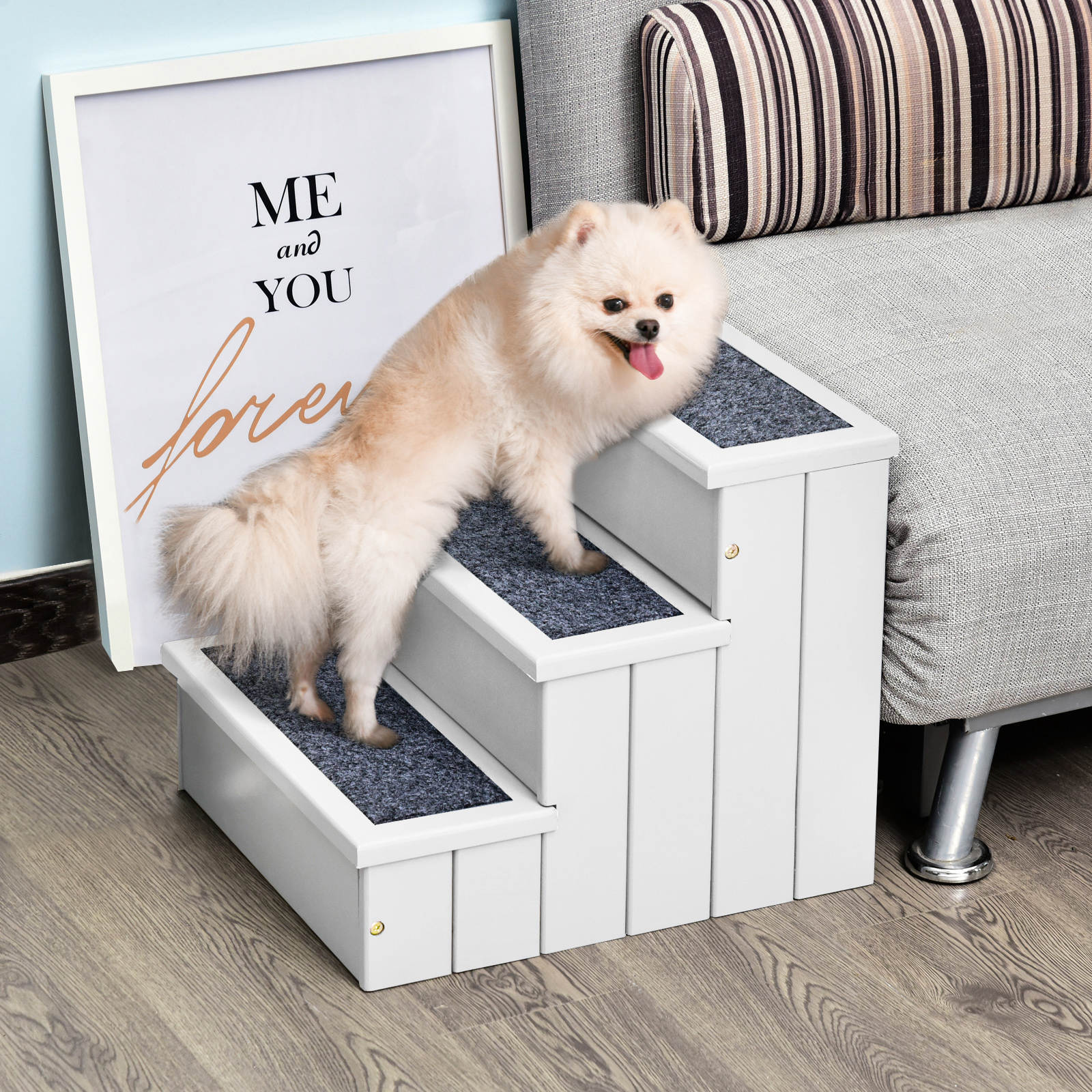 3-Step Dog Stairs with Non-Slip Mat and Storage Space, 40.5 x 44.5 x 38 cm, White