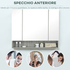 4 Section Mirror Cabinet with Adjustable Shelves, Wood and Glass, 90x15x75 cm, Grey